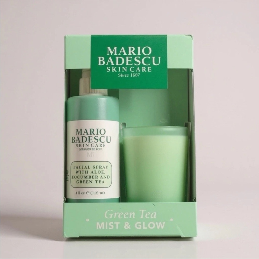 🍀2/$22 NEW Mario Badescu Green Tea 4 oz. Mist & Glow Facial Spray & Candle Set